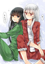 Rule 34 | 2girls, :d, anger vein, black eyes, black hair, fujiwara no mokou, highres, houraisan kaguya, jacket, leaning on person, long sleeves, mimoto (aszxdfcv), multiple girls, open clothes, open jacket, open mouth, pants, pants rolled up, red eyes, shirt, silver hair, sitting, smile, spoken anger vein, touhou, track jacket, track pants, track suit