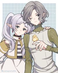 Rule 34 | 1boy, 1girl, bags under eyes, bird, bird on hand, black eyes, blush, border, capelet, crossover, dungeon meshi, earrings, elf, expressionless, frieren, gorget, green background, green eyes, green shirt, grey hair, grid background, hand on another&#039;s shoulder, high collar, highres, jewelry, long hair, long sleeves, looking at viewer, mithrun, notched ear, one eye closed, pointy ears, shirt, short hair, simple background, sousou no frieren, striped clothes, striped shirt, trait connection, tunic, twintails, upper body, wavy hair, white border, white capelet, white hair, zozakura