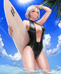 Rule 34 | 1girl, absurdres, bare arms, bare shoulders, holding behind back, black one-piece swimsuit, blue sky, blush, breasts, casual one-piece swimsuit, center opening, closed mouth, collarbone, cowboy shot, day, dungeon and fighter, earrings, female slayer (dungeon and fighter), flipped hair, from below, halterneck, highleg, highleg swimsuit, highres, holding, holding surfboard, jewelry, large breasts, looking at viewer, monaim, navel, one-piece swimsuit, outdoors, palm tree, red eyes, shiny clothes, short hair, silver hair, sky, smile, solo, standing, sunlight, surfboard, swimsuit, sword master (dungeon and fighter), tree, water, wet, wet clothes