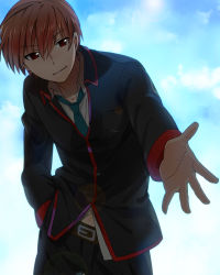 Rule 34 | 1boy, bad id, bad pixiv id, belt, brown hair, foreshortening, jamijami, little busters!, looking at viewer, male focus, natsume kyousuke, navel, outstretched hand, red eyes, school uniform, short hair, solo