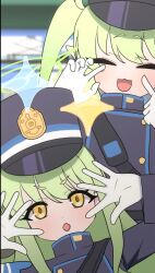 2girls :3 black_hat blue_archive blush buttons chestnut_mouth claw_pose closed_eyes collared_shirt commentary_request double-breasted fang gloves green_hair green_halo halo hands_up hat high_collar hikari_(blue_archive) long_hair long_sleeves looking_at_viewer making_faces multiple_girls nozomi_(blue_archive) open_mouth peaked_cap pointing pointing_at_self pointy_ears shirt siblings sisters smile sparkle spread_fingers strap taunting train_conductor twins twintails white_gloves yellow_eyes zeroku77