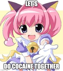Rule 34 | 1girl, animal ears, apron, between legs, blush stickers, cat ears, cat girl, colinarmis, commentary, dress, english text, gloves, hair intakes, hand between legs, heart, impact (font), let&#039;s take ibuprofen together (meme), meme, miracle-chan, open hand, open mouth, original, pink hair, puffy short sleeves, puffy sleeves, purple dress, purple eyes, reaching, reaching towards viewer, short sleeves, smile, solo, twintails, waist apron, watermark, web address, white gloves