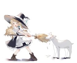 Rule 34 | 1girl, apron, blonde hair, blush, boots, braid, broom, commentary request, flying sweatdrops, frilled apron, frills, furrowed brow, goat, hair ribbon, hat, hat ribbon, holding, holding broom, kirisame marisa, long hair, looking at viewer, open mouth, ribbon, short sleeves, simple background, single braid, solo, sorani (kaeru0768), standing, touhou, tress ribbon, white apron, white background, witch hat, yellow eyes