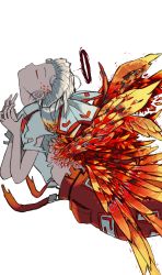 Rule 34 | 1girl, absurdres, bending backward, blouse, bow, closed eyes, colored eyelashes, cropped legs, fiery wings, flying, from side, fujiwara no mokou, hair bow, halo, hands up, highres, midriff, neruzou, ofuda, pants, red pants, shirt, short sleeves, silver hair, simple background, solo, suspenders, torn clothes, torn shirt, torn sleeves, touhou, white background, white shirt, wings