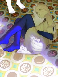 Rule 34 | 1girl, 1other, barefoot, blue skin, breasts, closed mouth, colored skin, crack of light, dress, foot out of frame, grey eyes, gtsleep1200, hair behind ear, highres, long hair, lying, multicolored skin, on floor, on side, original, out of frame, puff and slash sleeves, puffy sleeves, short dress, short sleeves, small breasts, solo focus, two-tone skin, white dress, white hair, white skin