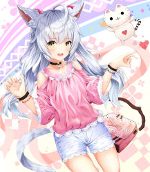Rule 34 | 1girl, absurdres, ahoge, animal ears, arms up, bag, bangle, bell, bracelet, brown eyes, cat ears, cat tail, choker, fang, highres, jewelry, jingle bell, long hair, open mouth, original, pastel colors, pink shirt, shirt, shorts, silver hair, smile, solo, tail, white shorts