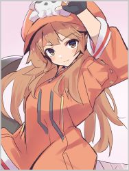 Rule 34 | 1girl, anchor, arm up, black gloves, blush, brown eyes, brown hair, caburi, fingerless gloves, gloves, guilty gear, guilty gear strive, hat, highres, long hair, long sleeves, may (guilty gear), orange hat, orange shirt, pirate hat, shirt, simple background, skull and crossbones, smile, solo, upper body