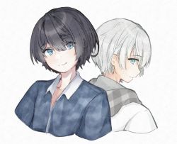 Rule 34 | 2boys, back-to-back, black hair, blue eyes, collared shirt, coretto coto, looking at another, looking back, mashiro haruka, multiple boys, pale skin, scarf, seventh happiness, shirt, smile, toworu kusunoki, virtual youtuber, white hair