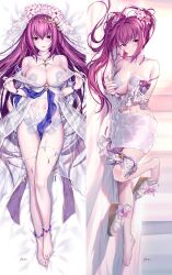 Rule 34 | 1girl, alternate costume, bad id, bad twitter id, bandaid, bandaids on nipples, bare shoulders, barefoot, blush, bracelet, breasts, cleavage, closed mouth, commentary request, dakimakura (medium), fate/grand order, fate (series), feet, flower, full body, hair flower, hair ornament, jewelry, kousaki rui, large breasts, legs, looking at viewer, lying, multiple views, navel, off shoulder, on back, on side, parted lips, pasties, purple eyes, purple hair, scathach (fate), scathach skadi (fate), scathach skadi (swimsuit ruler) (fate), signature, smile, thighs, toes
