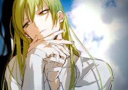Rule 34 | 1other, androgynous, chain, enkidu (fate), fate/strange fake, fate (series), glowing, glowing clothes, glowing eyes, green hair, hair between eyes, highres, long hair, looking at viewer, male focus, robe, rrr (reason), shirt, smile, solo, upper body, very long hair, white robe, white shirt, yellow eyes