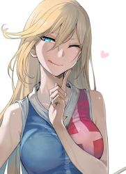 Rule 34 | 10s, 1girl, :q, bare shoulders, blonde hair, blue eyes, blush, breasts, closed mouth, collarbone, connie christensen, hair between eyes, half-closed eye, hanebado!, head tilt, index finger raised, large breasts, long hair, multicolored shirt, one eye closed, shirt, sidelocks, simple background, sleeveless, sleeveless shirt, smile, solo, sweat, taut clothes, taut shirt, tongue, tongue out, upper body, very long hair, walzrj, white background