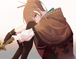 Rule 34 | 1girl, ahoge, asymmetrical legwear, brown capelet, brown cloak, brown eyes, brown hair, cape, capelet, cloak, dagger, feather hair ornament, feathers, gloves, hair ornament, hairclip, hieroglyphics, highres, holding, holding dagger, holding knife, holding weapon, hololive, hololive english, hugging own legs, knee strap, kneehighs, knife, long hair, looking at viewer, multicolored hair, nanashi mumei, partially fingerless gloves, pleated skirt, ponytail, red skirt, reirz, ribbon, shirt, single kneehigh, single sock, single thighhigh, sitting, skirt, socks, solo, streaked hair, thigh strap, thighhighs, very long hair, virtual youtuber, weapon, white shirt