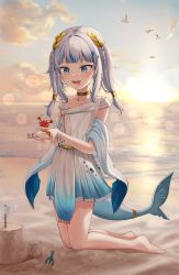 Rule 34 | 1girl, ancient greek clothes, barefoot, beach, blue eyes, blue hair, blue nails, blunt bangs, blurry, bokeh, braid, bukkuming, depth of field, dress, ebi-chan (gawr gura), fins, fish tail, full body, gawr gura, gawr gura (party dress), gradient dress, greco-roman clothes, grey hair, highres, himation, hololive, hololive english, jewelry, kneeling, laurel crown, lens flare, long hair, low twintails, multicolored hair, nail polish, neck ring, ocean, off-shoulder dress, off shoulder, sand castle, sand sculpture, shark girl, shark tail, sharp teeth, short dress, solo, streaked hair, sunset, tail, tail ornament, tail ring, teeth, twin braids, twintails, virtual youtuber, white dress