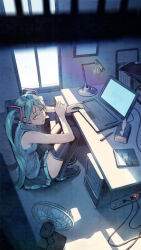 Rule 34 | 1girl, aqua eyes, aqua hair, black thighhighs, boots, commentary, computer, detached sleeves, electric fan, feeno, from above, hatsune miku, laptop, long hair, photoshop (medium), sitting, skirt, sleeveless, solo, thigh boots, thighhighs, twintails, very long hair, vocaloid, zettai ryouiki
