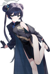 Rule 34 | 1girl, absurdres, bare legs, black coat, black dress, black footwear, black gloves, black hair, blue archive, blush, breasts, butterfly hair ornament, china dress, chinese clothes, coat, double bun, dragon print, dress, gloves, hair bun, hair ornament, halo, highres, kisaki (blue archive), long hair, looking at viewer, pelvic curtain, pyytato, shoes, side slit, simple background, skin tight, sleeveless, sleeveless dress, small breasts, solo, standing, standing on one leg, striped, striped coat, twintails, vertical-striped coat, very long hair, white background