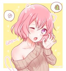 Rule 34 | 1girl, bad id, bad pixiv id, blush, breasts, closed eyes, indie utaite, long sleeves, looking at viewer, niconico, nqrse, open mouth, pink eyes, pink hair, rummy 73, short hair, simple background, upper body, utaite