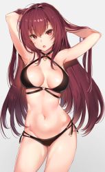 Rule 34 | 1girl, :o, armpits, arms up, bikini, black bikini, breasts, cleavage, commentary request, criss-cross halter, fate/grand order, fate (series), hair between eyes, halterneck, hands in hair, heart pendant, highres, hip focus, long hair, looking at viewer, medium breasts, multi-strapped bikini bottom, multi-strapped bikini top, navel, open mouth, purple hair, red eyes, scathach (fate), simple background, solo, swimsuit, thighs, yuran