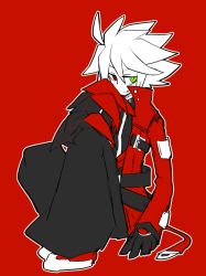 Rule 34 | 1boy, baggy pants, belt, belt skirt, black pants, blazblue, claws, full body, giant hand, gloves, green eyes, jacket, male focus, monochrome, pants, ragna the bloodedge, red background, red eyes, red jacket, sabisuke (be), simple background, sitting, smile, solo, spiked hair, spot color, white hair