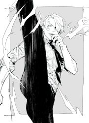 Rule 34 | 1boy, absurdres, black necktie, cigarette, commentary, curly eyebrows, eyelashes, formal, greyscale, happy, highres, holding, holding cigarette, kzwtr8, looking at viewer, monochrome, necktie, one piece, sanji (one piece), shirt, short hair, sketch, smile, smoking, solo, striped clothes, striped shirt, symbol-only commentary, vertical-striped clothes, vertical-striped shirt