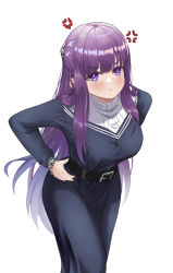Rule 34 | 1girl, :t, absurdres, anger vein, ayloss, belt, black belt, black dress, blunt bangs, blush, bracelet, breasts, dress, fern (sousou no frieren), hands on own hips, highres, jewelry, large breasts, leaning forward, long hair, long sleeves, looking at viewer, pout, purple eyes, purple hair, simple background, solo, sousou no frieren, spoken anger vein, v-shaped eyebrows, very long hair, white background