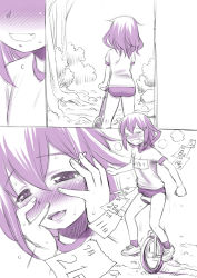 Rule 34 | 1girl, = =, alternate costume, blush, buruma, calendar (object), crotch rub, ebifly, fang, female masturbation, forest, gym uniform, hair between eyes, hair ornament, hairclip, hands on own face, ikazuchi (kancolle), kantai collection, masturbation, monochrome, name tag, nature, outdoors, purple theme, riding, shoes, short hair, short sleeves, socks, solo, standing, sweat, unicycle, yandere trance