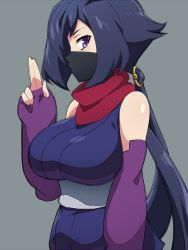 Rule 34 | 10s, 1girl, ayame (gundam build divers), blue hair, breasts, cowboy shot, elbow gloves, gloves, grey background, gundam, gundam build divers, hairu, japanese clothes, kuji-in, large breasts, long hair, looking at viewer, looking to the side, mask, mouth mask, ninja, ninja mask, profile, purple eyes, purple gloves, red scarf, scarf, shiny clothes, simple background, sketch, solo, twintails, very long hair