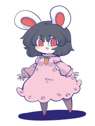 Rule 34 | 1girl, :3, :d, adapted costume, animal ears, arms up, black hair, carrot necklace, chahan (fried rice0614), chibi, commentary request, dress, full body, highres, inaba tewi, jewelry, long sleeves, looking at viewer, necklace, open mouth, pantyhose, pink dress, puffy long sleeves, puffy sleeves, rabbit ears, shadow, short hair, simple background, slit pupils, smile, solo, standing, touhou, v-shaped eyebrows, white background