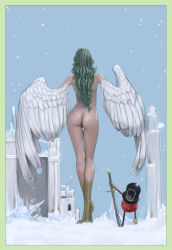 Rule 34 | 1girl, ass, back, bird legs, border, commentary request, completely nude, feathered wings, feathers, green border, green hair, harpy, highres, monet (one piece), monster girl, nude, nudist, one piece, outdoors, snow, solo, standing, sword, thunder soldier, wavy hair, weapon, winged arms, wings, youno senichi