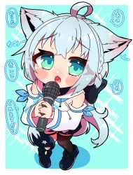 Rule 34 | 1girl, ahoge, animal ears, black bow, blue background, blush, border, bow, braid, child, commentary request, detached sleeves, ear blush, fox ears, fox girl, fox tail, green eyes, hair between eyes, hair bow, highres, holding, holding microphone, hololive, hood, hoodie, long hair, looking at viewer, looking up, microphone, open mouth, pentagram, sakuramochi (sakura frappe), shirakami fubuki, shirakami fubuki (1st costume), sidelocks, single braid, single thighhigh, solo, tail, tail around own leg, thigh strap, thighhighs, translation request, virtual youtuber, white hair, white hoodie