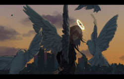 Rule 34 | 1boy, angel devil (chainsaw man), bird, black jacket, black necktie, brown hair, building, chainsaw man, city, cloud, dove, evening, feathered wings, formal, halo, highres, holding own arm, jacket, long hair, looking at viewer, looking back, meiart0416, necktie, sky, solo, suit, white wings, wings, yellow sky