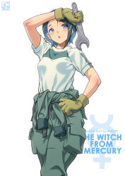 Rule 34 | 1girl, bare shoulders, blue eyes, blue hair, copyright name, feet out of frame, gloves, greyscale, gundam, gundam suisei no majo, gym uniform, highres, looking at viewer, monochrome, nika nanaura, open mouth, overalls, pairan, shirt, short sleeves, simple background, solo, standing, white background, white shirt, yellow gloves