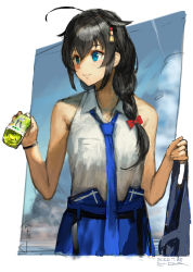 Rule 34 | 1girl, 9-ga, ahoge, bag, black hair, blue eyes, blue necktie, bottle, braid, breast pocket, breasts, cloud, commentary request, hair between eyes, hair flaps, hair ornament, hair over shoulder, hair ribbon, highres, holding, holding bag, holding bottle, kantai collection, long hair, necktie, official alternate costume, outdoors, pocket, red ribbon, ribbon, shigure (kancolle), shigure kai ni (kancolle), shirt, single braid, skirt, sky, sleeveless, sleeveless shirt, small breasts, smile, solo, white shirt