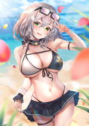 Rule 34 | 1girl, :d, arm strap, arm up, armpits, bare shoulders, beach, bikini, bikini under clothes, black-framed eyewear, black choker, black ribbon, black skirt, blurry, blurry background, blurry foreground, blush, breasts, choker, cleavage, collarbone, commentary request, cowboy shot, day, depth of field, eyes visible through hair, eyewear on head, front-tie bikini top, front-tie top, glasses, green eyes, halterneck, highres, hololive, large breasts, lens flare, miniskirt, navel, ocean, open mouth, outdoors, petals, pleated skirt, revision, ribbon, shirogane noel, shirogane noel (summer 2020), short hair, silver hair, skirt, skirt hold, smile, solo, standing, string bikini, swimsuit, thigh gap, thigh strap, thong bikini, two-tone bikini, v, virtual youtuber, wrist cuffs, yk (pixiv43531291)