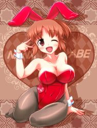 Rule 34 | 10s, 1girl, ;d, abe nana, absurdres, animal ears, breasts, brown eyes, brown hair, chuuten (clam chowder), cleavage, covered navel, fake animal ears, fishnet pantyhose, fishnets, highres, idolmaster, idolmaster cinderella girls, one eye closed, open mouth, pantyhose, playboy bunny, ponytail, rabbit ears, short hair, smile, v, wink, wrist cuffs