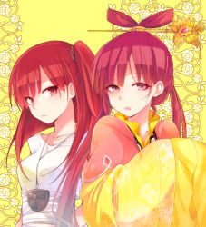 Rule 34 | 2girls, bad id, bad pixiv id, chinese clothes, hair ornament, hair stick, hutuumikan, long hair, magi the labyrinth of magic, morgiana, multiple girls, pink eyes, pink hair, red eyes, red hair, ren kougyoku, side ponytail, twintails, yellow background