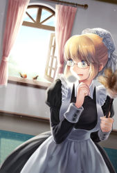 Rule 34 | 1girl, :d, apron, bad id, bad pixiv id, bird, blonde hair, blue eyes, breasts, cleaning, curtains, dress, glasses, hat, large breasts, long hair, maid, maid apron, maid cap, mob cap, open mouth, original, smile, solo, tarou (mozukusanwakamesan), victorian maid, waist apron, window