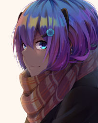 Rule 34 | 1girl, black hairband, checkered clothes, checkered scarf, close-up, commentary request, copyright request, dark-skinned female, dark skin, earrings, eyebrows hidden by hair, fate/grand order, fate (series), flower, hair between eyes, hair flower, hair ornament, hairband, hairclip, hassan of serenity (fate), highres, jewelry, looking at viewer, portrait, purple eyes, purple hair, scarf, short hair, shunga (shun608), simple background, smile, solo