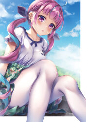 Rule 34 | 1girl, ahoge, anchor symbol, black ribbon, blue hair, blue sky, braid, breasts, cherry blossoms, cloud, collarbone, commentary request, day, feet out of frame, floral print, frilled shirt, frills, green skirt, hair ribbon, highres, hinoka (allen), hololive, looking at viewer, medium breasts, minato aqua, multicolored hair, pantyhose, parted lips, pink hair, print skirt, purple eyes, ribbon, shirt, short sleeves, sidelocks, sitting, skirt, sky, solo, streaked hair, twintails, two-tone hair, virtual youtuber, white pantyhose, white shirt