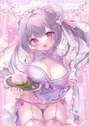 Rule 34 | 1girl, :d, breasts, chinese clothes, cleavage, cleavage cutout, clothing cutout, cowboy shot, double bun, food, fruit, garter belt, grey hair, hair bun, large breasts, maid, maid headdress, manicure, momochi chia, nail polish, open mouth, original, panties, peach, pink eyes, qi maid, smile, solo, underwear