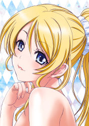 Rule 34 | 1girl, absurdres, argyle, argyle background, argyle clothes, ayase eli, blonde hair, blue eyes, floating hair, from side, highres, long hair, love live!, love live! school idol project, nanno koto, nude, page number, parted lips, portrait, solo