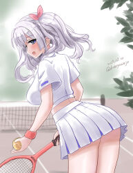 Rule 34 | 1girl, alternate costume, ball, blue eyes, breasts, collared shirt, dated, dress, grey hair, kantai collection, kashima (kancolle), kitagawa mikio, large breasts, long hair, looking at viewer, looking back, one-hour drawing challenge, pleated dress, racket, shirt, sidelocks, skirt, smile, solo, sportswear, tennis ball, tennis court, tennis net, tennis racket, tennis uniform, twintails, twitter username, wavy hair, white shirt, white skirt