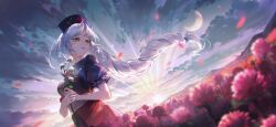 Rule 34 | 1girl, blue dress, blue headwear, braid, cloud, constellation print, dress, dutch angle, falling petals, field, floating hair, flower, flower field, flower request, holding, holding flower, kyusoukyu, long hair, looking to the side, moon, non-web source, nurse, official art, outdoors, parted bangs, parted lips, petals, pink flower, puffy short sleeves, puffy sleeves, red dress, second-party source, short sleeves, single braid, sky, solo, sunrise, touhou, touhou gensou eclipse, two-tone dress, very long hair, white flower, white hair, yagokoro eirin, yellow eyes