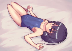 Rule 34 | 1girl, armpit crease, black hair, collarbone, competition school swimsuit, flat chest, highres, himeragi rinze, looking at viewer, lying, medium hair, on back, one-piece swimsuit, reco love, reco love gold beach, saisho no nakama, school swimsuit, solo, swimsuit