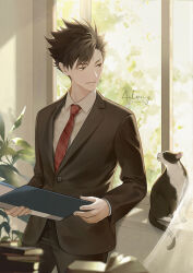 Rule 34 | 1boy, animal, antweiyi, artist name, black hair, black jacket, black pants, black suit, book, book stack, buttons, cat, closed mouth, collared shirt, commentary, dress shirt, eye contact, folder, formal, haikyuu!!, hands up, holding, holding folder, indoors, jacket, kuroo tetsurou, lapels, layered sleeves, long sleeves, looking at animal, looking at another, male focus, multicolored cat, necktie, pants, parted lips, pixiv id, plant, red necktie, shirt, short hair, solo, spiked hair, striped clothes, striped necktie, suit, suit jacket, tree, twitter username, white shirt, window, wing collar, yellow eyes