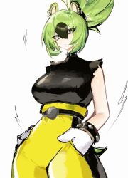 Rule 34 | 1girl, animal ears, belt, black hair, bracelet, breasts, closed mouth, ear piercing, gloves, green eyes, green hair, hands in pockets, humanization, jewelry, large breasts, looking at viewer, multicolored hair, pants, piercing, ponytail, simple background, sleeveless, slit pupils, solo, sonic (series), sonic the hedgehog (idw), spiked bracelet, spikes, surge the tenrec, two-tone hair, usa37107692, white background, white gloves, yellow pants