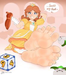 Rule 34 | 1girl, absurdres, barefoot, blue eyes, clothes, crown, dress, earrings, foot focus, highres, jewelry, mario (series), mario party, nintendo, princess daisy, smile, soles, supahfiyah, super smash bros., toes, turnip