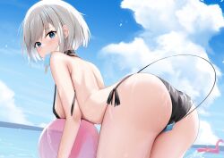 Rule 34 | 1girl, ass, ball, beachball, bent over, bikini, black bikini, blue eyes, breasts, commission, elly (vstreamer), food, highres, ice cream, indie virtual youtuber, large breasts, looking at viewer, ocean, outdoors, short hair, skai kun, sky, solo, swimsuit, tail, thighs, virtual youtuber, wet, white hair