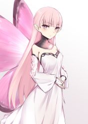 Rule 34 | 1girl, bare shoulders, blonde hair, breasts, butterfly wings, coral (fate), detached sleeves, dress, elfenlied22, fairy, fairy wings, fate/grand order, fate (series), insect wings, jewelry, long hair, looking at viewer, medium breasts, neck ring, pink eyes, pointy ears, puffy sleeves, solo, white dress, wings