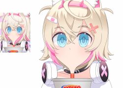 1girl animal_ear_fluff animal_ears appo_mk bandaid bandaid_hair_ornament blonde_hair blue_eyes collar commentary dog_ears dog_girl drinking drinking_straw english_commentary hair_ornament hairband headphones headphones_around_neck highres hololive hololive_english horn_hairband looking_at_viewer mococo_abyssgard mococo_abyssgard_(1st_costume) multicolored_hair pink_hair pink_hairband reference_inset shirt short_hair solo streaked_hair virtual_youtuber white_background white_shirt x_hair_ornament