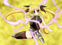 Rule 34 | 00s, 1girl, ankle boots, armor, armored boots, bardiche (nanoha), blonde hair, boots, bow, chirorian, electricity, fate testarossa, floating hair, full body, lightning, looking at viewer, lyrical nanoha, magical girl, mahou shoujo lyrical nanoha, mahou shoujo lyrical nanoha strikers, red eyes, simple background, sitting, solo, thighhighs, thighs, twintails, wind, yellow background